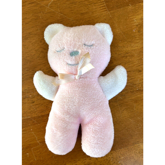 Vintage Stahlwood Plush Stuffed Pink White Sleeping Teddy Bear 7" Rattle Inside - Picture 1 of 5